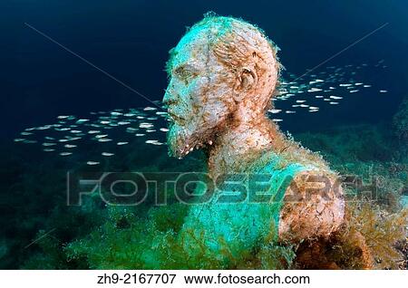 Stock Photo - Underwater museum "Reddening leaders", Felix Edmundovich Dzerzhinsky sculpture. Cape Tarhankut, Tarhan Qut, Black sea, Crimea, Ukraine, Eastern Europe.. Fotosearch