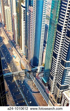 Stock Image - United Arab Emirates January 2010 Dubai City Sheikh Zayed Avenue.. Fotosearch