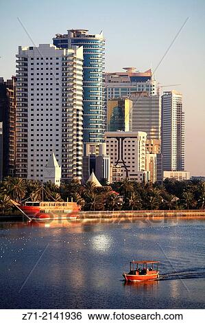 United Arab Emirates, Sharjah, Khalid Lagoon, skyline, boats,. View Large Photo Image Stock Photograph - United Arab Emirates, Sharjah, Khalid Lagoon, skyline, boats,.. Fotosearch
