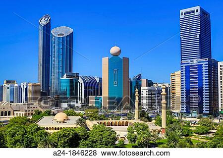 Stock Photo - United Arab Emirates UAE, Abu Dhabi City Skyline, Etisalat Tower, Al Dhafrah District. Fotosearch