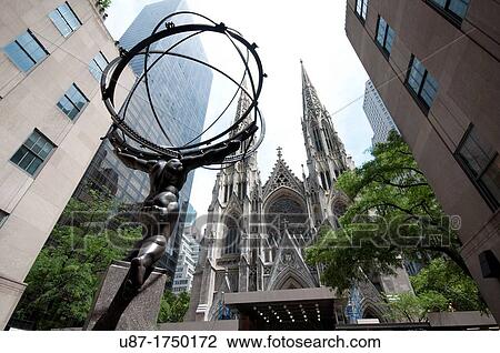 United States, New York City, Manhattan, Midtown, Rockefeller Center, Atlas Holding the World Sculpture and Saint Patrick's Cathedral View Large Photo Image Stock Image - United States, New York City, Manhattan, Midtown, Rockefeller Center, Atlas Holding the World Sculpture and Saint Patrick's Cathedral. Fotosearch