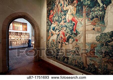 Stock Image - United States, New York City, Manhattan, Uptown, Cloisters Museum, Tapestry. Fotosearch