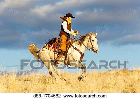 Stock Image - United States, Wyoming, Shell, The Hideout Guest Ranch, cowgirl. Fotosearch