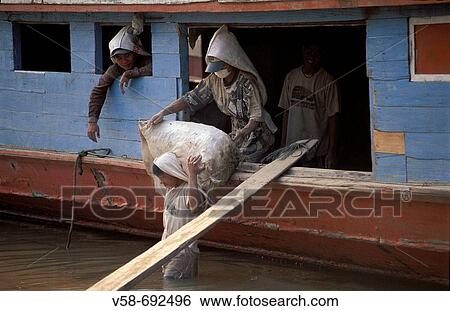 Unloading cargo, Luang Prabang. Laos View Large Photo Image Stock Photograph - Unloading cargo, Luang Prabang. Laos. Fotosearch