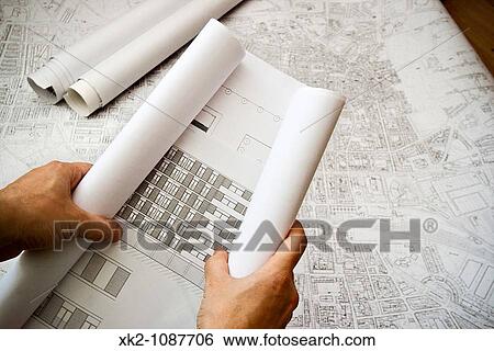 Unrolling the house blueprints View Large Photo Image Stock Photograph - Unrolling the house blueprints. Fotosearch