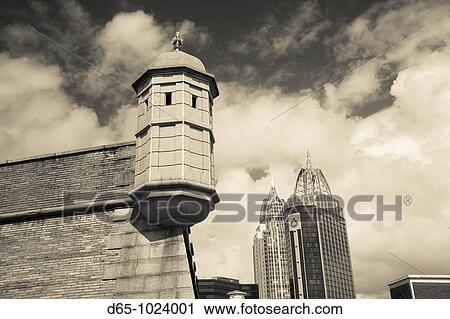 Stock Image - USA, Alabama, Mobile, Fort Conde, b 1711, RSA Tower and Riverview Plaza buildings. Fotosearch