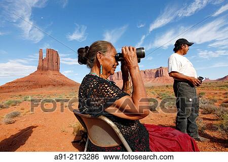 Stock Photograph - USA, Arizona, Navajo reservation, Monument Valley tribal park, helen Salazar compound, 77 years, a 37 years husband, weaves rugs with her 14 sheeps wool. Fotosearch
