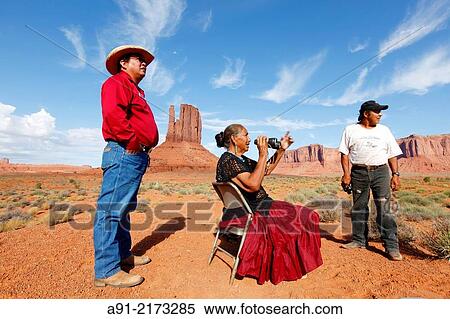 Stock Photography - USA, Arizona, Navajo reservation, Monument Valley tribal park, helen Salazar compound, 77 years, a 37 years husband, weaves rugs with her 14 sheeps wool. Fotosearch