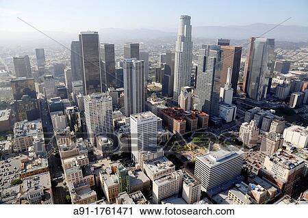 USA, California, city of Los Angeles, aerial photography, Downtown skyscrapers View Large Photo Image Stock Image - USA, California, city of Los Angeles, aerial photography, Downtown skyscrapers. Fotosearch