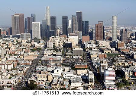 USA, California, city of Los Angeles, aerial photography, Downtown skyscrapers View Large Photo Image Stock Image - USA, California, city of Los Angeles, aerial photography, Downtown skyscrapers. Fotosearch