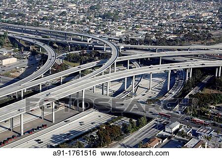USA, California, city of Los Angeles, aerial photography of freeways intersection View Large Photo Image Stock Photograph - USA, California, city of Los Angeles, aerial photography of freeways intersection. Fotosearch