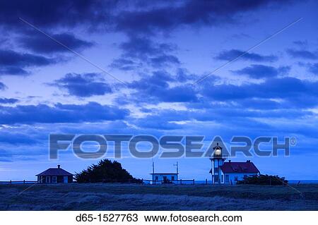 Stock Image - USA, California, Northern California, North Coast, Mendocino-area, Pine Grove, Point Cabrillo Lighthouse, dawn. Fotosearch