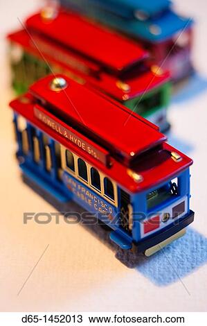Stock Image - USA, California, San Francisco, miniature San Francisco cable car toys. Fotosearch