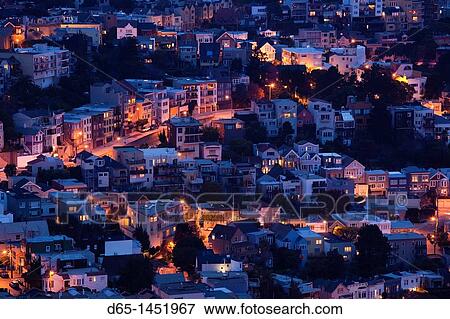 Stock Photo - USA, California, San Francisco, Twin Peaks, elevated view of Castro Area houses, dawn. Fotosearch