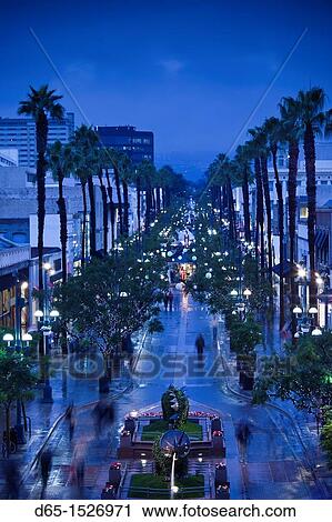 Stock Image - USA, California, Southern California, Los Angeles-area, Santa Monica, elevated view of Third Street Promenade, evening. Fotosearch