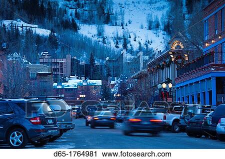 USA, Colorado, Aspen, downtown traffic, dusk View Large Photo Image Stock Image - USA, Colorado, Aspen, downtown traffic, dusk. Fotosearch