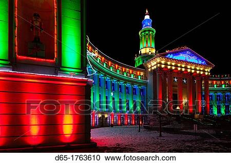 Stock Image - USA, Colorado, Denver, Denver City and Country Building with Christmas Lights. Fotosearch