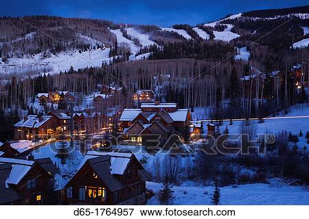 USA, Colorado, Telluride, elevated view of Mountain Village Ski Area, dusk View Large Photo Image Stock Photo - USA, Colorado, Telluride, elevated view of Mountain Village Ski Area, dusk. Fotosearch