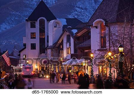 Stock Image - USA, Colorado, Vail, Vail Village, dusk. Fotosearch