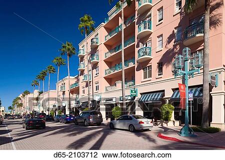 Stock Image - USA, Florida, Boca Raton, Mizner Park, apartments, shops, and cafes.. Fotosearch