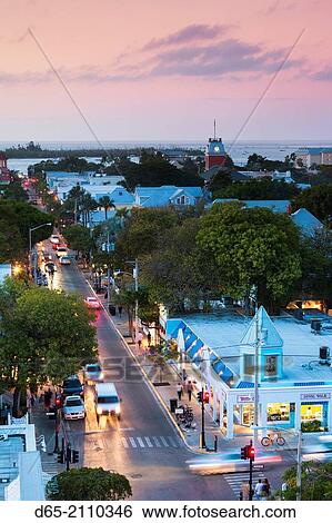 USA, Florida, Florida Keys, Key West, Duval Street, elevated view, dusk. View Large Photo Image Stock Photograph - USA, Florida, Florida Keys, Key West, Duval Street, elevated view, dusk.. Fotosearch