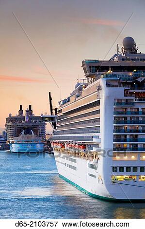 USA, Florida, Fort Lauderdale, Port Everglades, cruiseships, dawn. View Large Photo Image Stock Photo - USA, Florida, Fort Lauderdale, Port Everglades, cruiseships, dawn.. Fotosearch