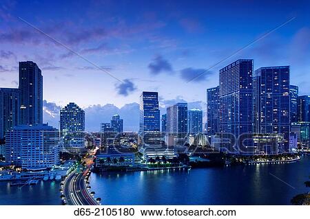 USA, Florida, Miami, elevated city skyline from Brickell Key, evening. View Large Photo Image Stock Image - USA, Florida, Miami, elevated city skyline from Brickell Key, evening.. Fotosearch