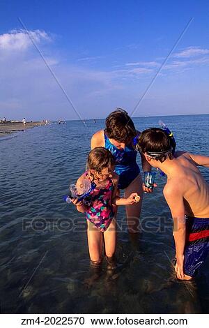 Stock Image - USA, FLORIDA, MIAMI, KEY BISCAYNE, BILL BAGGS CAPE FLORIDA STATE PARK, MOTHER & KIDS SNORKELING (MR).. Fotosearch