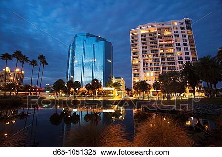 Stock Photography - USA, Florida, Sarasota, skyline from Bay Front Drive, evening. Fotosearch