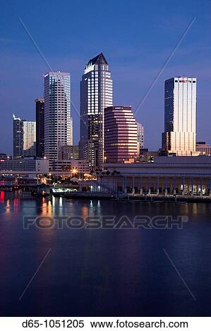 Stock Photography - USA, Florida, Tampa, skyline from Hillsborough Bay, elevated view, dawn. Fotosearch