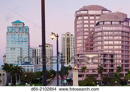 USA, Florida, West Palm Beach, city view with Royal Park Bridge, dawn. View Large Photo Image Picture - USA, Florida, West Palm Beach, city view with Royal Park Bridge, dawn.. Fotosearch