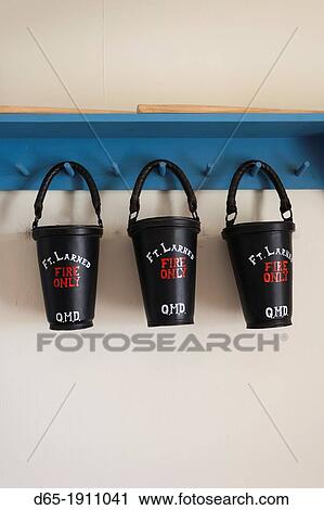 Stock Image - USA, Kansas, Larned, Fort Larned National Historic Site, mid-19th century military outpost, protecting the Santa Fe Trail, fire buckets. Fotosearch