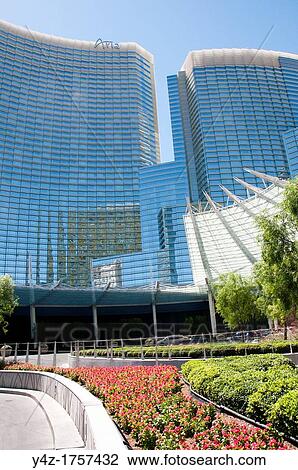 Stock Image - USA Las Vegas, Aria resort on the Strip, with its emphasis on design and outdoor pools Exterior design at front of resort. Fotosearch