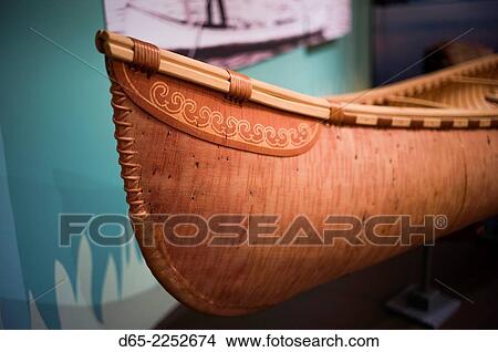 Picture - USA, Maine, Mt. Desert Island, Bar Harbor, The Abbe Museum, museum of Native American peoples, birch bark canoe.. Fotosearch