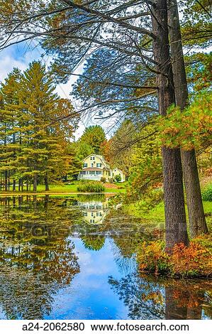 USA, Massachusetts, Berkshire District, Near Lee City, House and Pond. View Large Photo Image Stock Image - USA, Massachusetts, Berkshire District, Near Lee City, House and Pond.. Fotosearch