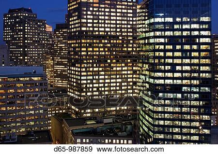 USA, Massachusetts, Boston, Financial District Buildings, high angle view, evening View Large Photo Image Stock Photo - USA, Massachusetts, Boston, Financial District Buildings, high angle view, evening. Fotosearch