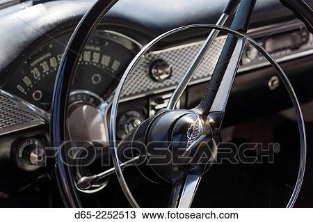 Stock Image - USA, Massachusetts, Gloucester, Antique Car Show, 1950s-era Chevy interior.. Fotosearch