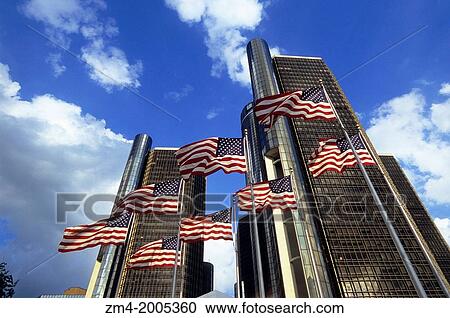 USA, MICHIGAN, DETROIT, RENAISSANCE CENTER, AMERICAN FLAGS. View Large Photo Image Stock Image - USA, MICHIGAN, DETROIT, RENAISSANCE CENTER, AMERICAN FLAGS.. Fotosearch