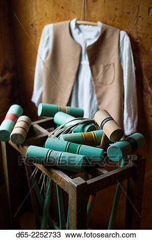 Stock Image - USA, New Hampshire, Canterbury, Canterbury Shaker Village, former Shaker religious community, croquet mallets.. Fotosearch
