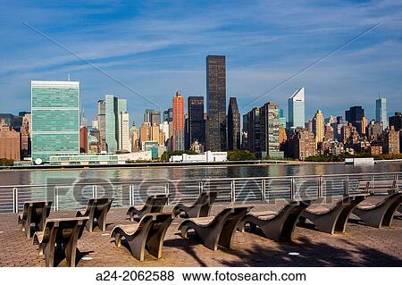 USA, New York City., Manhattan Skyline, UN Bldg. and East river. View Large Photo Image Stock Photo - USA, New York City., Manhattan Skyline, UN Bldg. and East river.. Fotosearch