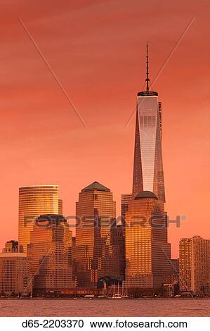 USA, New York, New York City, lower Manhattan and Freedom Tower, dusk. View Large Photo Image Stock Image - USA, New York, New York City, lower Manhattan and Freedom Tower, dusk.. Fotosearch
