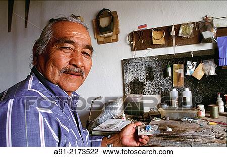Usa, NM, Santo Domingo, navajo jeweler Joe Tortalita at work. View Large Photo Image Stock Image - Usa, NM, Santo Domingo, navajo jeweler Joe Tortalita at work.. Fotosearch