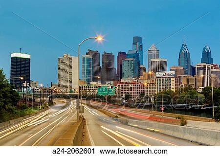 Stock Image - USA, Pennsylvania, Philadelphia City, Philadelphia City skyline at sunset.. Fotosearch
