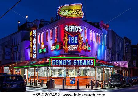 USA, Pennsylvania, Philadelphia, South Philadelphia, Italian-American Area, Geno's Steaks, legendary cheese steak shop, dawn. View Large Photo Image Stock Image - USA, Pennsylvania, Philadelphia, South Philadelphia, Italian-American Area, Geno's Steaks, legendary cheese steak shop, dawn.. Fotosearch