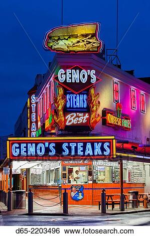 Stock Photograph - USA, Pennsylvania, Philadelphia, South Philadelphia, Italian-American Area, Geno's Steaks, legendary cheese steak shop, dawn.. Fotosearch