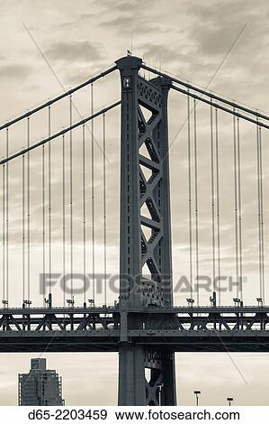 Stock Photo - USA, Pennsylvania, Philadelphia, Benjamin Franklin Bridge on the Delaware River, dawn.. Fotosearch