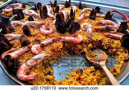 Valencia, Spain: paella with shrimps and mussels View Large Photo Image Stock Image - Valencia, Spain: paella with shrimps and mussels. Fotosearch