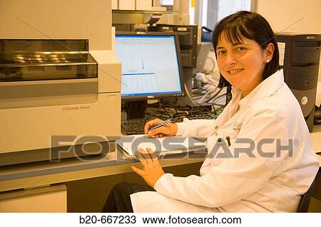 Stock Image - Varietal Identification using Microsatellites, Capillary electrophoresis-ABI, Biotechnology Laboratory, Neiker Tecnalia, Instituto de Investigaci? n y Desarrollo Agrario, Ganadero, Forestal y del Medio Natural, Arkaute, Alava, Euskadi, Spain.. Fotosearch