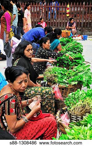 Stock Photograph - Vegetable market at Maru Tole in Durbar Square. Fotosearch