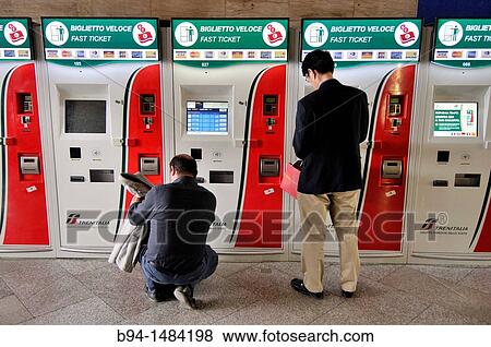 Stock Photo - Vending machines for train tickets, Venice train station, Veneto, Italy. Fotosearch